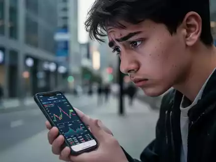 Ein junger Mensch blickt besorgt auf ein Smartphone, das Finanzdaten anzeigt, im Hintergrund eine unscharfe Stadtlandschaft. - Foto: über boerse-global.de
