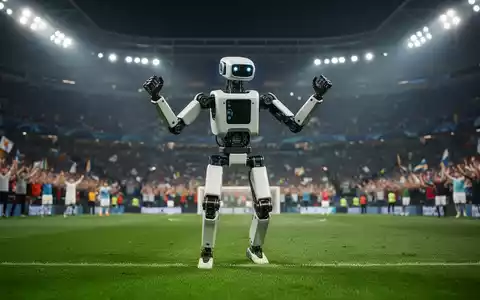 Humanoider Roboter auf einem Fußballfeld imitiert Torjubel. Stadionlichter und verschwommene Menge im Hintergrund. - Foto: über boerse-global.de