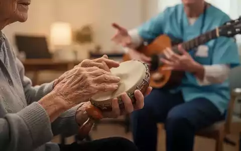Ältere Hände spielen ein kleines Schlaginstrument, begleitet von einem Musiktherapeuten, der die Bewegung anleitet. - Foto: über boerse-global.de