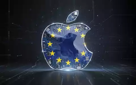 Stilisiertes Apple-Logo mit Leiterplattenelementen und EU-Flaggen-Silhouette, Symbol für Technologieregulierung. - Foto: über boerse-global.de