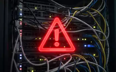 Nahaufnahme eines Serverracks mit blinkenden Lichtern und Kabeln, überlagert mit einem digitalen roten Warnsymbol, das einen kritischen Systemfehler anzeigt. - Foto: über boerse-global.de