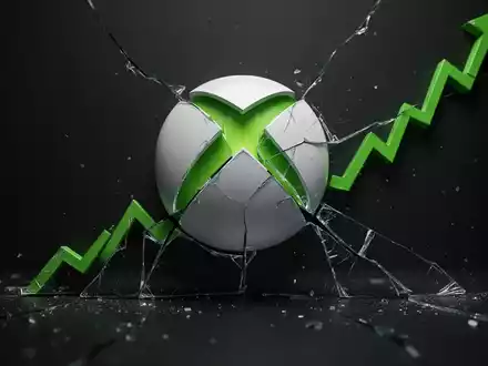Fragmentiertes Xbox-Logo mit Abwärtstrend, symbolisiert Herausforderungen und strategischen Wandel in Microsofts Gaming-Sparte. - Foto: über boerse-global.de