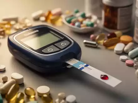 Nahaufnahme eines Blutzuckermessgeräts mit einem Tropfen Blut auf einem Teststreifen, umgeben von verschwommenen Nahrungsergänzungsmitteln. - Foto: über boerse-global.de