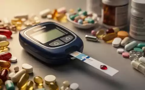 Nahaufnahme eines Blutzuckermessgeräts mit einem Tropfen Blut auf einem Teststreifen, umgeben von verschwommenen Nahrungsergänzungsmitteln. - Foto: über boerse-global.de