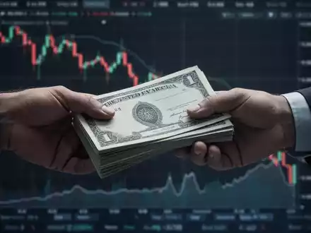 Zwei Hände tauschen Aktienzertifikate vor einem Diagramm mit fallenden Kursen aus. - Foto: über boerse-global.de