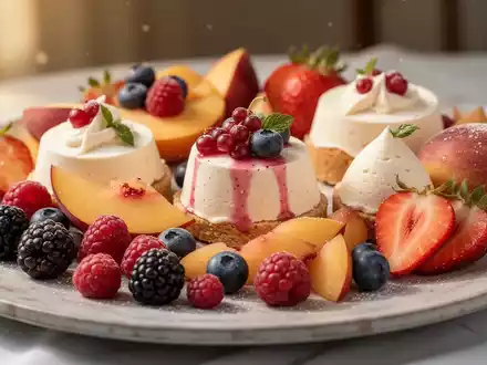 Eine Nahaufnahme eines sommerlichen Desserttisches mit frischen Beeren, Steinobst und leichten Mousse-Kreationen in dekorativen Schalen. - Foto: über boerse-global.de