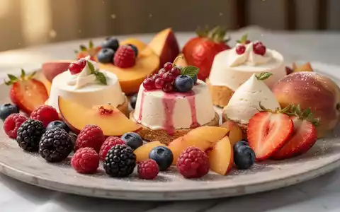 Eine Nahaufnahme eines sommerlichen Desserttisches mit frischen Beeren, Steinobst und leichten Mousse-Kreationen in dekorativen Schalen. - Foto: über boerse-global.de