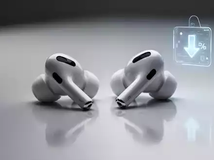 Schlanke weiße kabellose Ohrhörer (AirPods Pro 3-Stil) auf reflektierender Oberfläche, dezente Preissenkungsgrafik. - Foto: über boerse-global.de