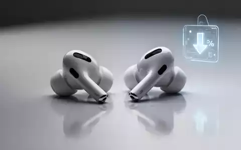 Schlanke weiße kabellose Ohrhörer (AirPods Pro 3-Stil) auf reflektierender Oberfläche, dezente Preissenkungsgrafik. - Foto: über boerse-global.de