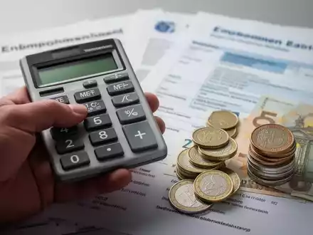 Eine Hand hält einen Taschenrechner, daneben liegen deutsche Münzen und Euroscheine. Im Hintergrund sind unscharfe Bürodokumente zu sehen. - Foto: über boerse-global.de
