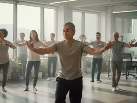 Eine Gruppe von Menschen praktiziert achtsame Tai-Chi-ähnliche Bewegungen in einem modernen Büroraum, der Ruhe und Balance ausstrahlt. - Foto: über boerse-global.de