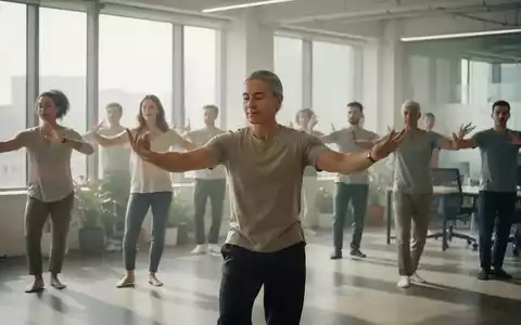 Eine Gruppe von Menschen praktiziert achtsame Tai-Chi-ähnliche Bewegungen in einem modernen Büroraum, der Ruhe und Balance ausstrahlt. - Foto: über boerse-global.de