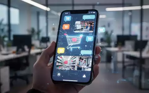 Ein Smartphone-Bildschirm zeigt KI-generierte Bilder, Einkaufswagen-Symbole und Chat-Blasen, gehalten von einer Hand in einem modernen Umfeld. - Foto: über boerse-global.de