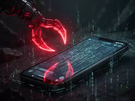Ein bedrohlicher, rot leuchtender digitaler Haken greift auf ein stilisiertes Android-Smartphone zu, das Code anzeigt. - Foto: über boerse-global.de