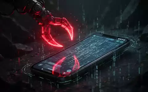Ein bedrohlicher, rot leuchtender digitaler Haken greift auf ein stilisiertes Android-Smartphone zu, das Code anzeigt. - Foto: über boerse-global.de