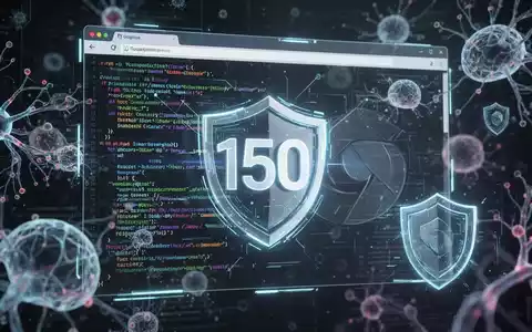 Stilisierte Browser-Oberfläche mit leuchtendem Code, '150'-Emblem, KI-Netzwerken und Sicherheitsschildern. - Foto: über boerse-global.de