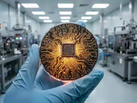 Nahaufnahme eines leuchtenden Mikrochips oder Halbleiterwafers, gehalten von einer behandschuhten Hand, mit unscharfer Fertigungsanlage im Hintergrund. - Foto: über boerse-global.de