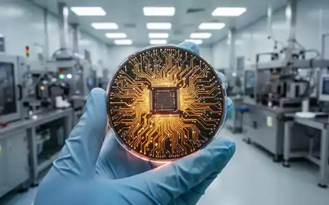 Nahaufnahme eines leuchtenden Mikrochips oder Halbleiterwafers, gehalten von einer behandschuhten Hand, mit unscharfer Fertigungsanlage im Hintergrund. - Foto: über boerse-global.de