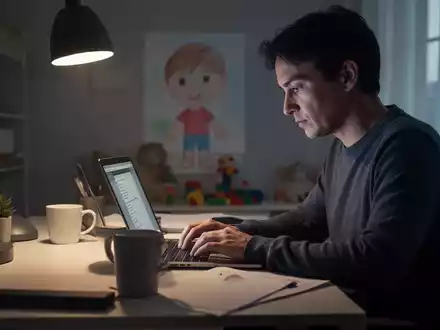 Eine Person arbeitet an einem Laptop an einem modernen Heimbüro-Schreibtisch, mit subtilen Hinweisen auf das Familienleben im Hintergrund. - Foto: über boerse-global.de