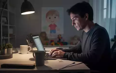 Eine Person arbeitet an einem Laptop an einem modernen Heimbüro-Schreibtisch, mit subtilen Hinweisen auf das Familienleben im Hintergrund. - Foto: über boerse-global.de