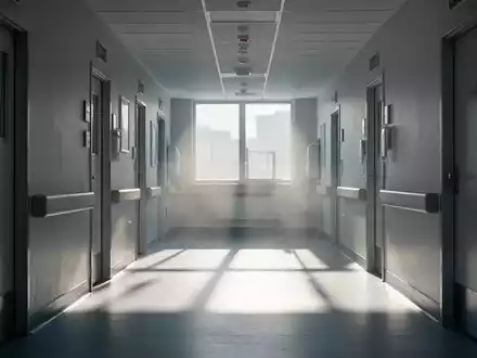 Ein heller, moderner Krankenhausflur mit Sonnenlicht am Ende, das lange Schatten wirft und Hitze andeutet. - Foto: über boerse-global.de