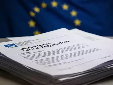 Ein Stapel von Dokumenten zur Medizinprodukte-Regulierung mit einer unscharfen EU-Flagge im Hintergrund, die politische Änderungen darstellt. - Foto: über boerse-global.de
