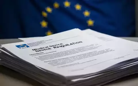 Ein Stapel von Dokumenten zur Medizinprodukte-Regulierung mit einer unscharfen EU-Flagge im Hintergrund, die politische Änderungen darstellt. - Foto: über boerse-global.de