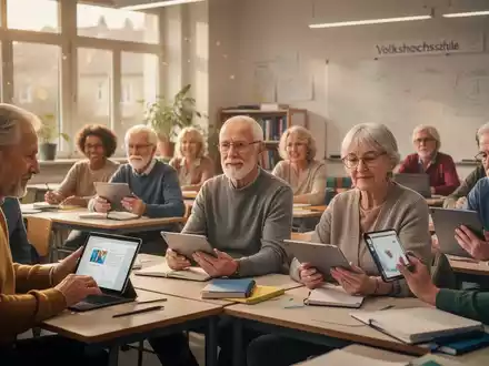 Eine Gruppe Erwachsener unterschiedlichen Alters, die in einem modernen Klassenzimmer interagieren, einige mit Tablets oder Notizbüchern. - Foto: über boerse-global.de