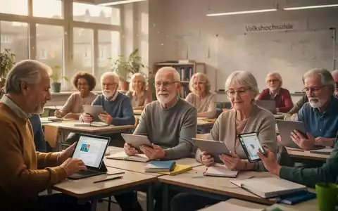 Eine Gruppe Erwachsener unterschiedlichen Alters, die in einem modernen Klassenzimmer interagieren, einige mit Tablets oder Notizbüchern. - Foto: über boerse-global.de