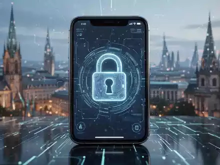 iPhone-Bildschirm mit digitalem Vorhängeschloss, überlagert von verschwommener europäischer Stadtsilhouette, symbolisiert Technologieregulierung. - Foto: über boerse-global.de