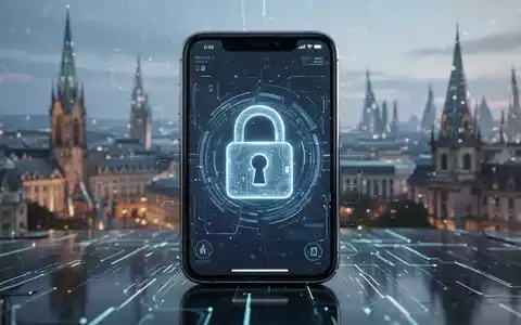 iPhone-Bildschirm mit digitalem Vorhängeschloss, überlagert von verschwommener europäischer Stadtsilhouette, symbolisiert Technologieregulierung. - Foto: über boerse-global.de