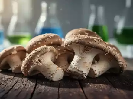 Nahaufnahme von frischen Shiitake-Pilzen auf einer dunklen Holzoberfläche, von oben beleuchtet. - Foto: über boerse-global.de