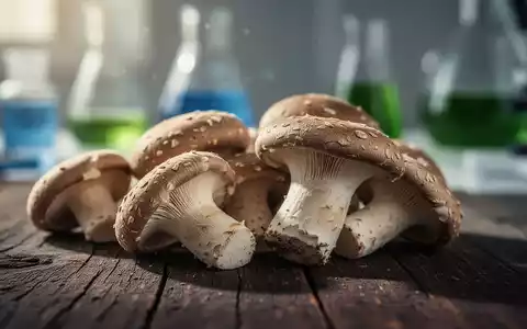 Nahaufnahme von frischen Shiitake-Pilzen auf einer dunklen Holzoberfläche, von oben beleuchtet. - Foto: über boerse-global.de