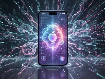 Futuristischer iPhone-Bildschirm mit leuchtender, abstrakter Siri-KI-Oberfläche, Datenströmen und neuronalen Netzwerkmustern. - Foto: über boerse-global.de