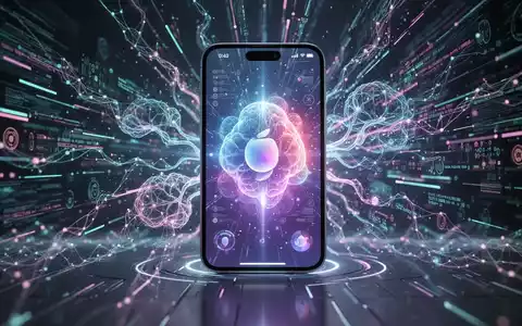 Futuristischer iPhone-Bildschirm mit leuchtender, abstrakter Siri-KI-Oberfläche, Datenströmen und neuronalen Netzwerkmustern. - Foto: über boerse-global.de