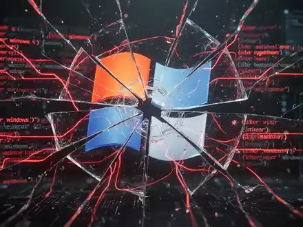 Abstraktes digitales Bild mit kaputtem Softwarecode und Windows-Logo, das einen Softwarefehler symbolisiert. - Foto: über boerse-global.de