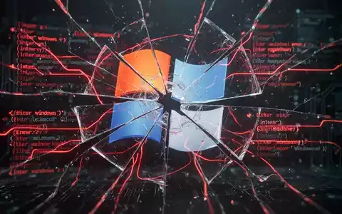 Abstraktes digitales Bild mit kaputtem Softwarecode und Windows-Logo, das einen Softwarefehler symbolisiert. - Foto: über boerse-global.de
