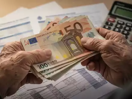 Ältere Hände halten Euro-Banknoten, unscharfer Hintergrund mit Finanzdokumenten und Taschenrechner, symbolisiert Rentenzahlungen. - Foto: über boerse-global.de