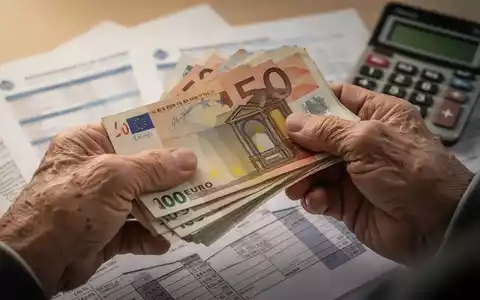 Ältere Hände halten Euro-Banknoten, unscharfer Hintergrund mit Finanzdokumenten und Taschenrechner, symbolisiert Rentenzahlungen. - Foto: über boerse-global.de