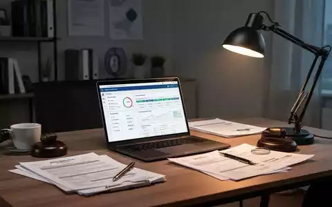 Ein modernes Homeoffice mit Laptop, Dokumenten und einer Schreibtischlampe, das Fernarbeit und digitale Zeiterfassung symbolisiert. - Foto: über boerse-global.de