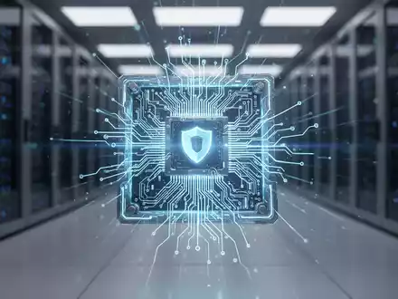 Nahaufnahme eines leuchtenden Quantencomputer-Prozessors mit blauer Sicherheitsaura in einem modernen Rechenzentrum. - Foto: über boerse-global.de
