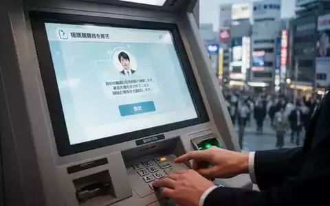 Nahaufnahme eines Geldautomaten-Bildschirms mit eKYC-Oberfläche, Hände bedienen Tastatur. Japanische Stadtsilhouette im Hintergrund. - Foto: über boerse-global.de