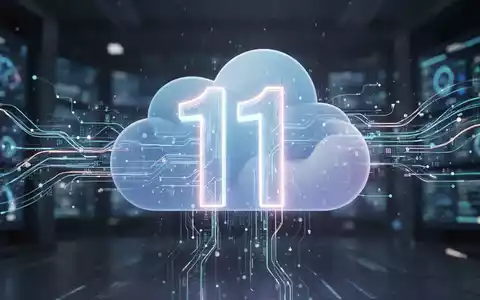 Stilisierte, leuchtende digitale '11'-Ikone, die mit abstrakten Datenströmen und Wolkenformen verschmilzt und automatische Windows 11-Sicherung darstellt. - Foto: über boerse-global.de