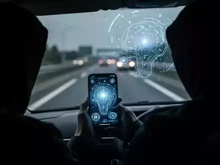 Eine unkenntliche Person im Auto, die ein Smartphone mit einem leuchtenden KI-Interface hält. Im Hintergrund eine verschwommene Autobahn bei Nacht. - Foto: über boerse-global.de