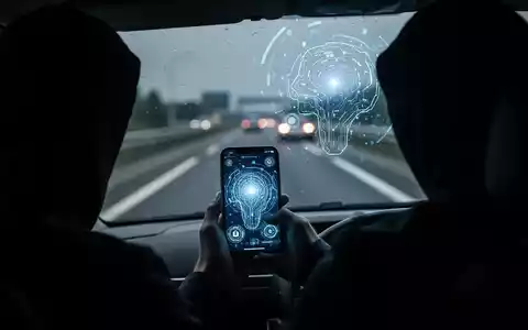 Eine unkenntliche Person im Auto, die ein Smartphone mit einem leuchtenden KI-Interface hält. Im Hintergrund eine verschwommene Autobahn bei Nacht. - Foto: über boerse-global.de