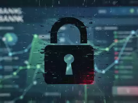 Dunkles digitales Vorhängeschloss-Symbol mit Glitch-Effekt vor verschwommenem Banken-Hintergrund. - Foto: über boerse-global.de