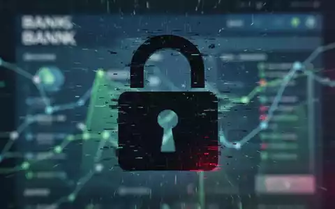 Dunkles digitales Vorhängeschloss-Symbol mit Glitch-Effekt vor verschwommenem Banken-Hintergrund. - Foto: über boerse-global.de