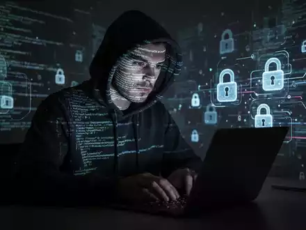 Verschattete Gestalt in Kapuzenpulli tippt auf Laptop, glühender Code spiegelt sich im Gesicht, symbolisiert Datenleck. - Foto: über boerse-global.de