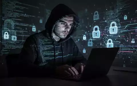 Verschattete Gestalt in Kapuzenpulli tippt auf Laptop, glühender Code spiegelt sich im Gesicht, symbolisiert Datenleck. - Foto: über boerse-global.de