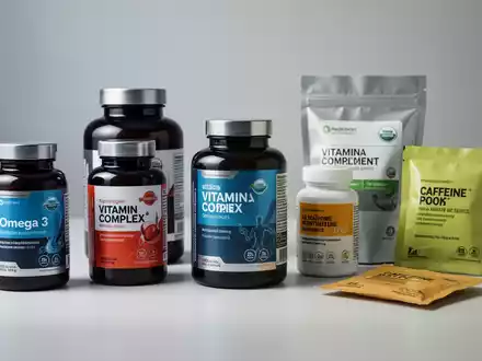 Eine Reihe von Nahrungsergänzungsmitteln, darunter Flaschen und Beutel mit Vitaminen, Omega 3 und Koffein-Pouches. - Foto: über boerse-global.de